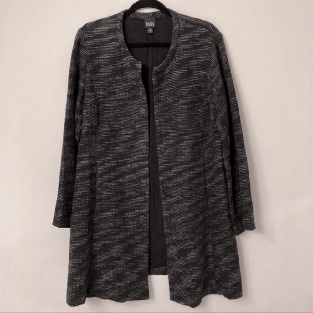 Eileen Fisher Long Jacket Black Gray Textured Cotton Size M
